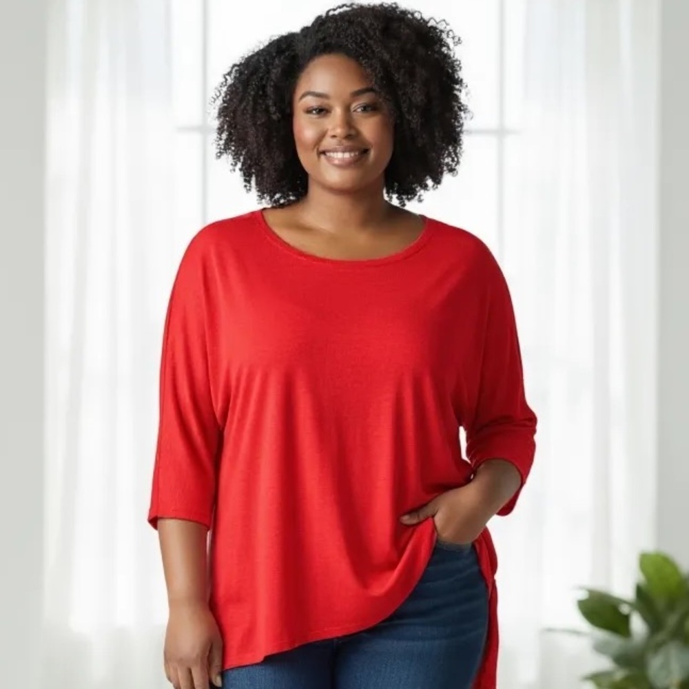 Philosophy Textured Open Knit Tunic Top - Red/Watermelon 3/4 Sleeve High-Low Hem
